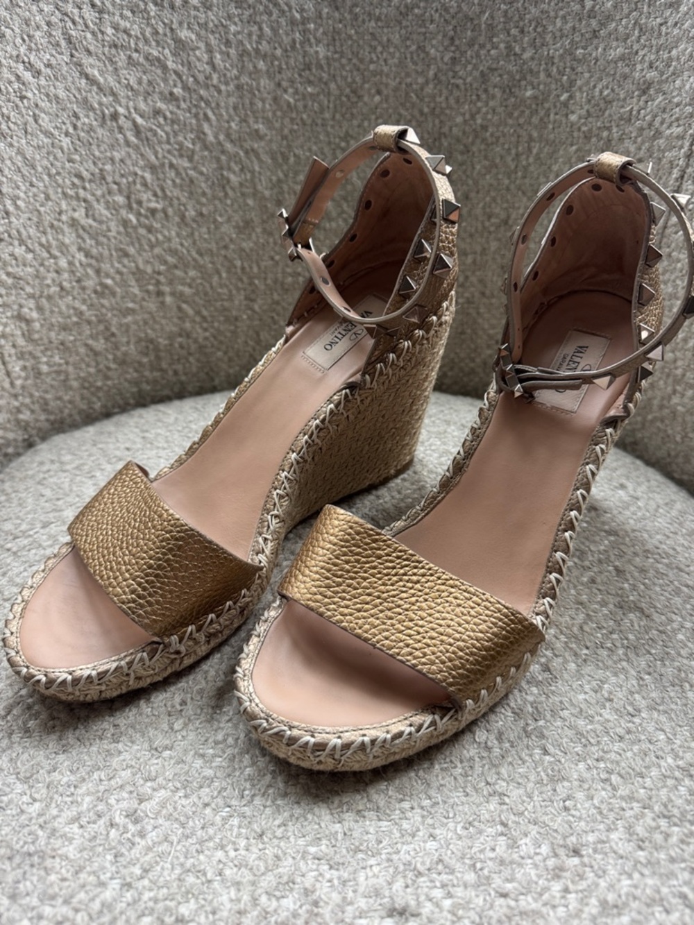 Valentino Gold Leather Wedge Espadrilles with Rockstud Ankle Strap
